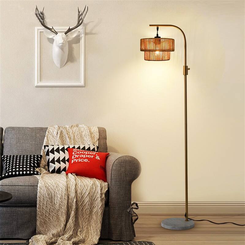 Elegant Boho Arc Floor Lamp Dimmable with Wicker Shade & Marble Base