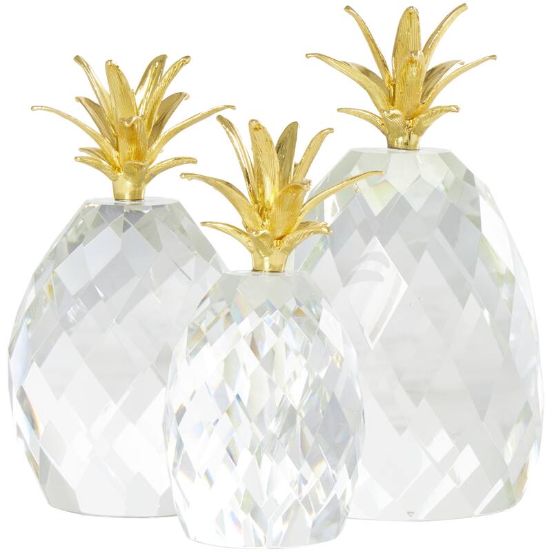 Crystal Fruit Faceted Pineapple Decorative Sculpture with Gold Leaves - Set of 3 Clear - Roche River Decor