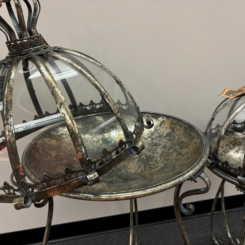 Set of 3 Glass Dome Terrariums on Stands with Antique Finish