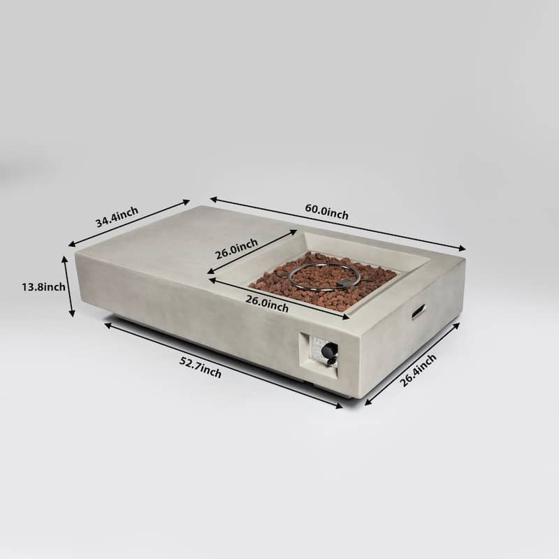 60 Inch Concrete Large Outdoor Fire Pit Table in Light Gray with Lava Rocks - 60" x 14"