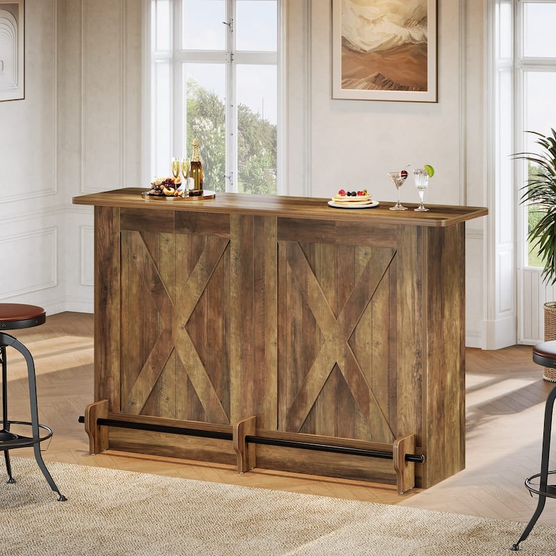 2-Tier Bar Table with Footres, Rustic Brown Bar Cabinet Height Pub - N/A