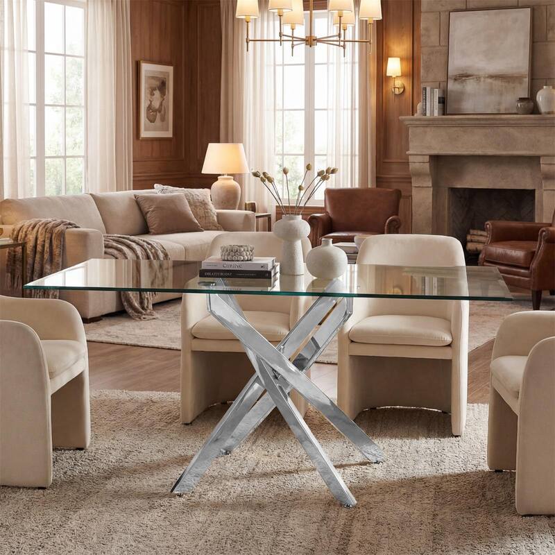 The Modern Rectangular Tempered Glass Tabletop Is Paired With a Silver Iron Frame, 47.24 inches