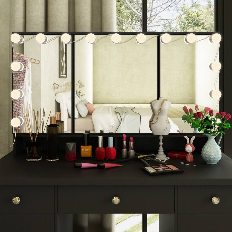 White Makeup Vanity - LED Mirror, USB-Powered Lights, Dresser Table
