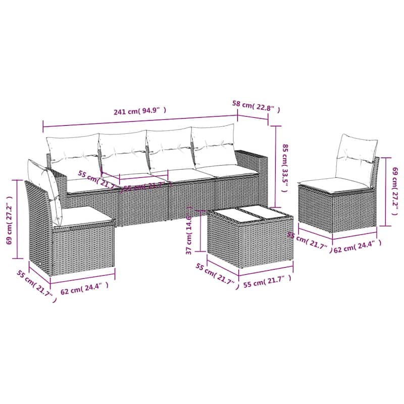 vidaXL 6/7 Piece Patio Sofa Set with Cushions Black Poly Rattan - 21.7" x 24.4" x 27.2"