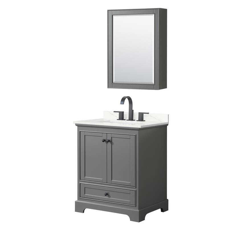Deborah 30-inch Single Vanity, Quartz Top, Medicine Cabinet - Dark Gray, Black Trim, Giotto Quartz Top