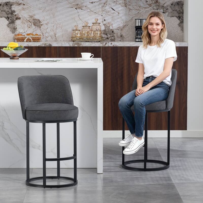 Set of 2 Modern Barrel Counter Stools with Backrest, Linen Upholstered Bar Stools for Kitchen Island