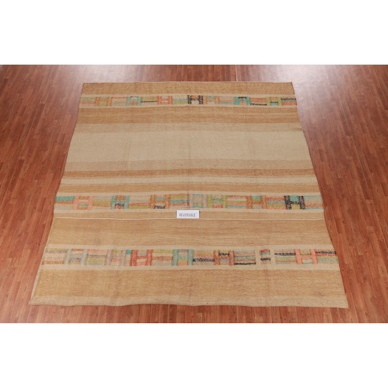 Hand Woven Oriental 100% Jute Carpet Modern Stripe Beige & Ivories Kilim Area Rug - 13' 11'' X 10' 3''