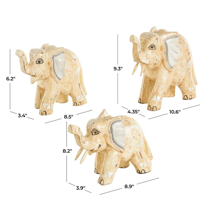Wood Elephant Handmade Sculpture with Scroll and Floral Patterns - Set of 3 Light Brown - Roche River Decor - 11"W x 4"L x 9"H