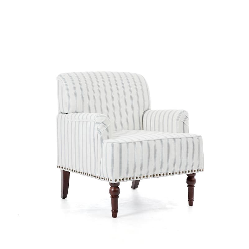 Set 2 Striped Upholstered Linen Armchair with Brass Nailhead Trim