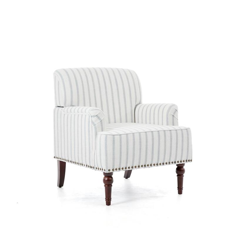 Striped Upholstered Linen Armchair with Brass Nailhead Trim