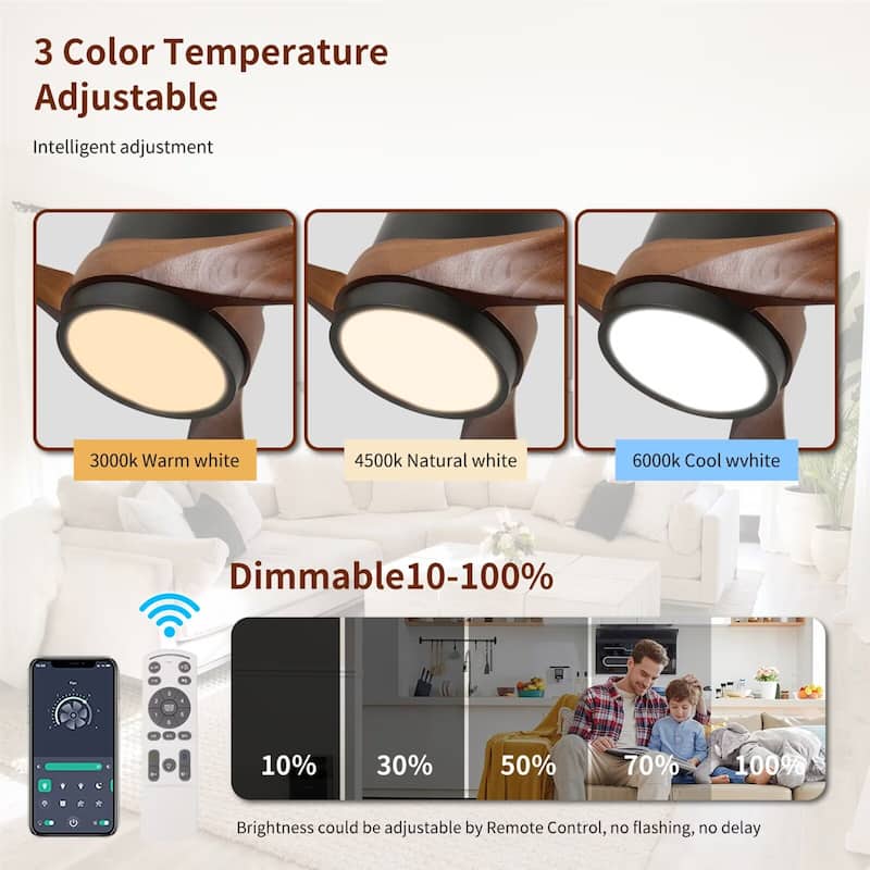 60" LED Flush Mount Ceiling Fan with Wood Blades, 6-Speed DC Remote Control