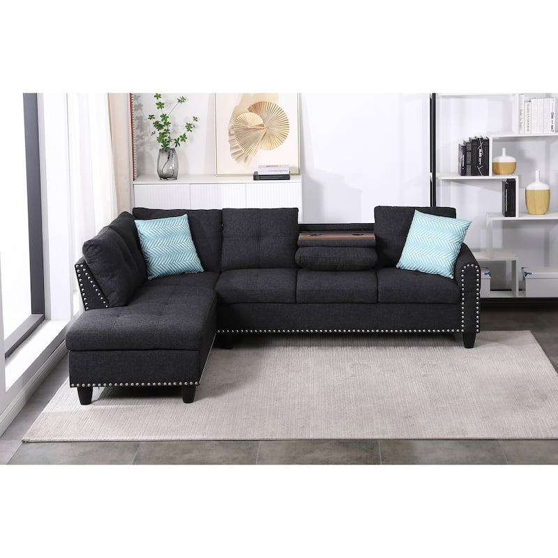 Faux Leather L - Shaped Sectional Set With Cup Holders 2pc