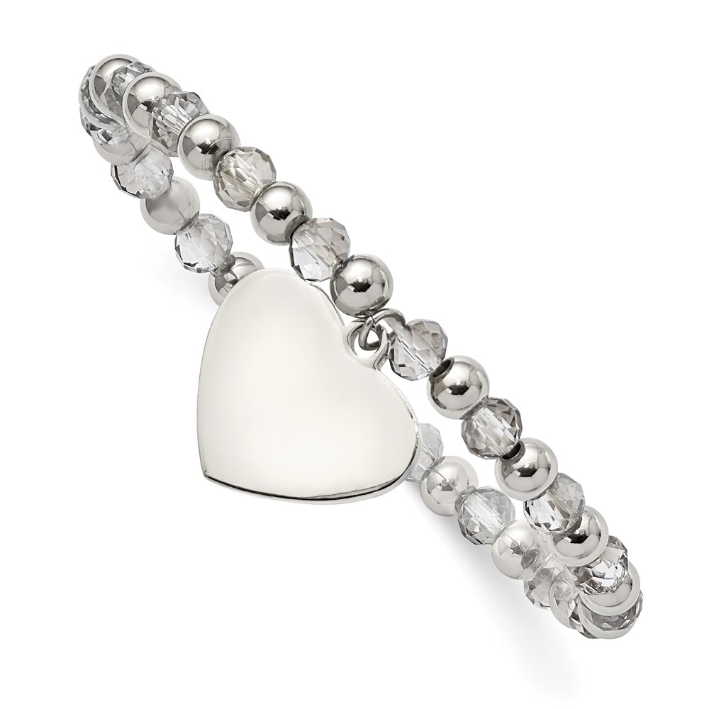 Chisel Stainless Steel Polished With Grey Glass Beads Heart Dangle Stretch Bracelet On Sale Overstock 31571898 Purple and grey glass beads. chisel stainless steel polished with grey glass beads heart dangle stretch bracelet