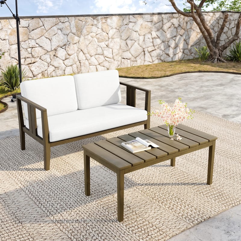 Teak Wood Water Resistant Outdoor Loveseat and Coffee Table Set (Set of 2)