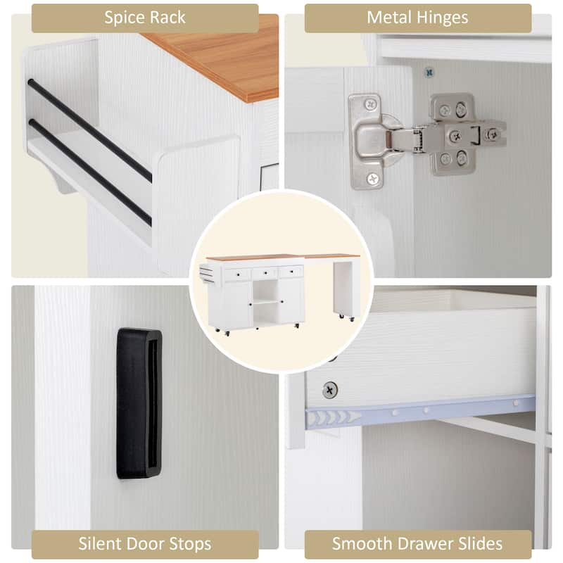 85.5" Extendable Kitchen Island with Dining Table, Rolling Storage Island with Power Outlet, Shelves, Drawers and Cabinets