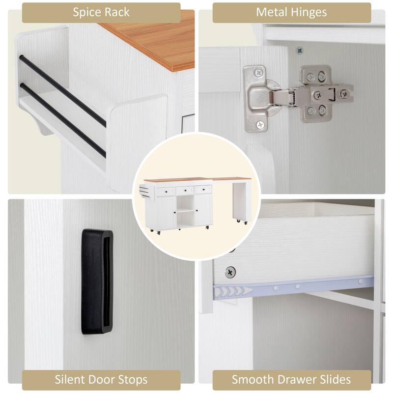 Roomfitters 85.5" Rolling Kitchen Island with 40.9" Extendable Dining Table, Power Outlet, 3 Drawers & 2 Doors