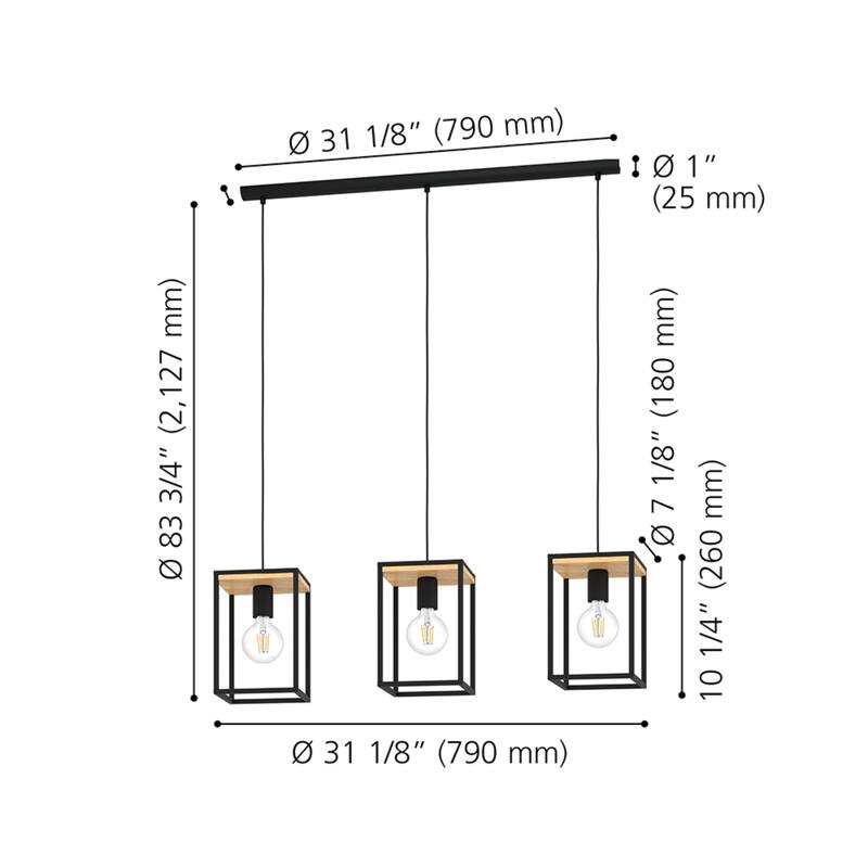 Libertad - 3-Light Linear Pendant - Structured Black and Wood Finish