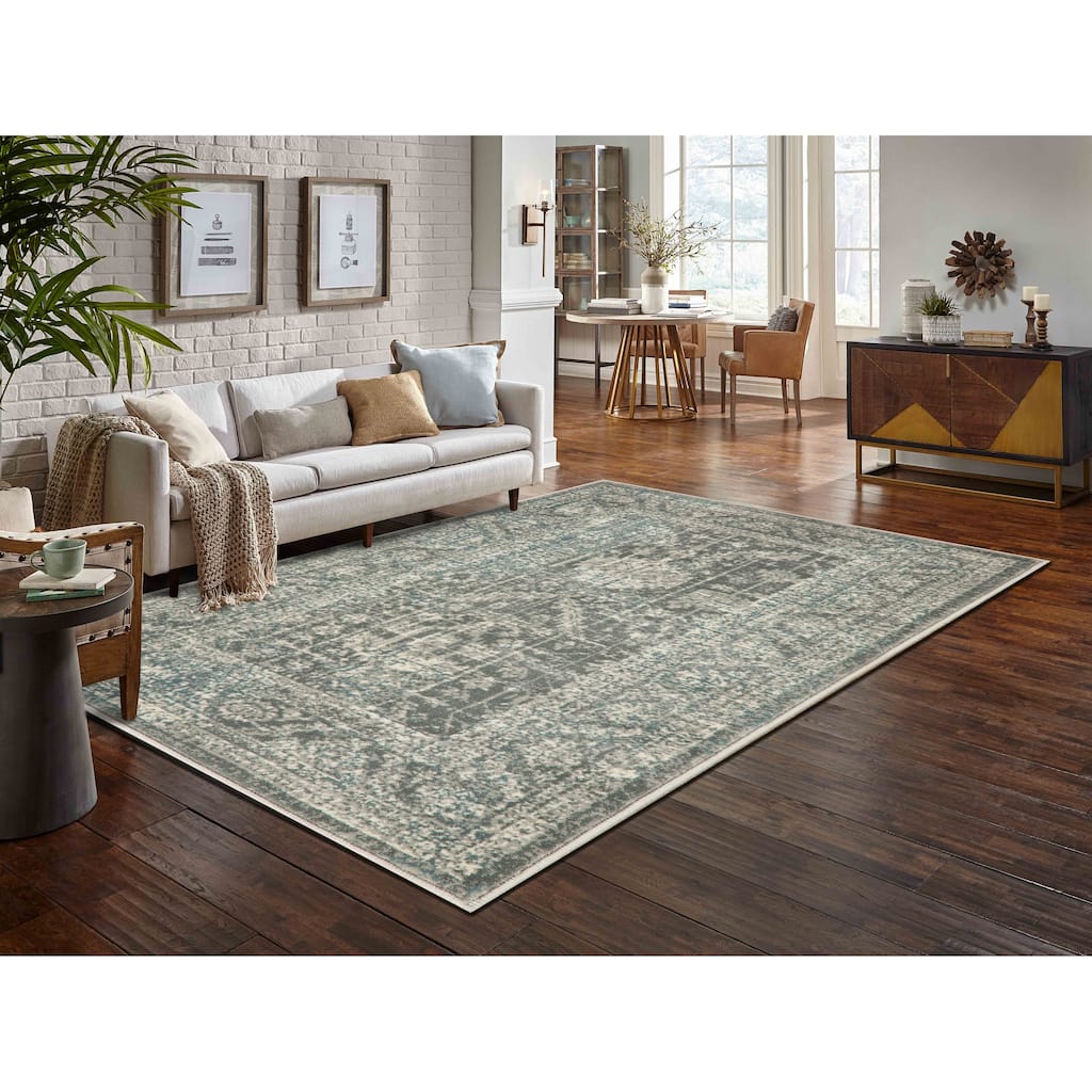 Anila Collection Light Blue, Beige and Silver Transitional Oriental Area Rug