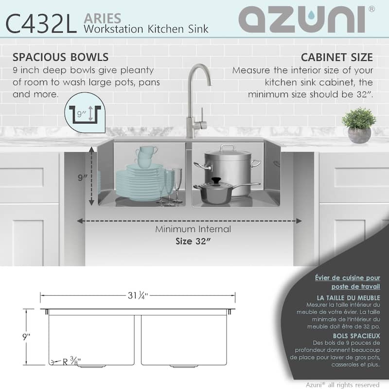 AZUNI 31.25 inch Top Mount Double Bowl Stainless Steel Ledge Workstation Kitchen Sink Handmade - 31.25" x 20.2" x 9"