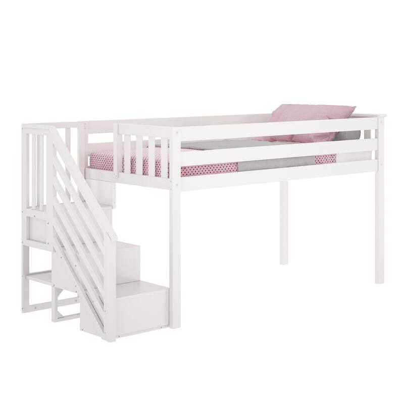 Now Furniture Solid Wood Twin Low Loft Bed with Staircase