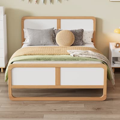 White Walnut Solid Wood Frame Platform Bed with Headboard