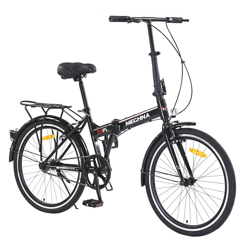 24 Inch Folding Bike for Adults with Fenders,Steel Frame Single Speed City Commuter,Dual V-Brake Portable Compact Bicycle