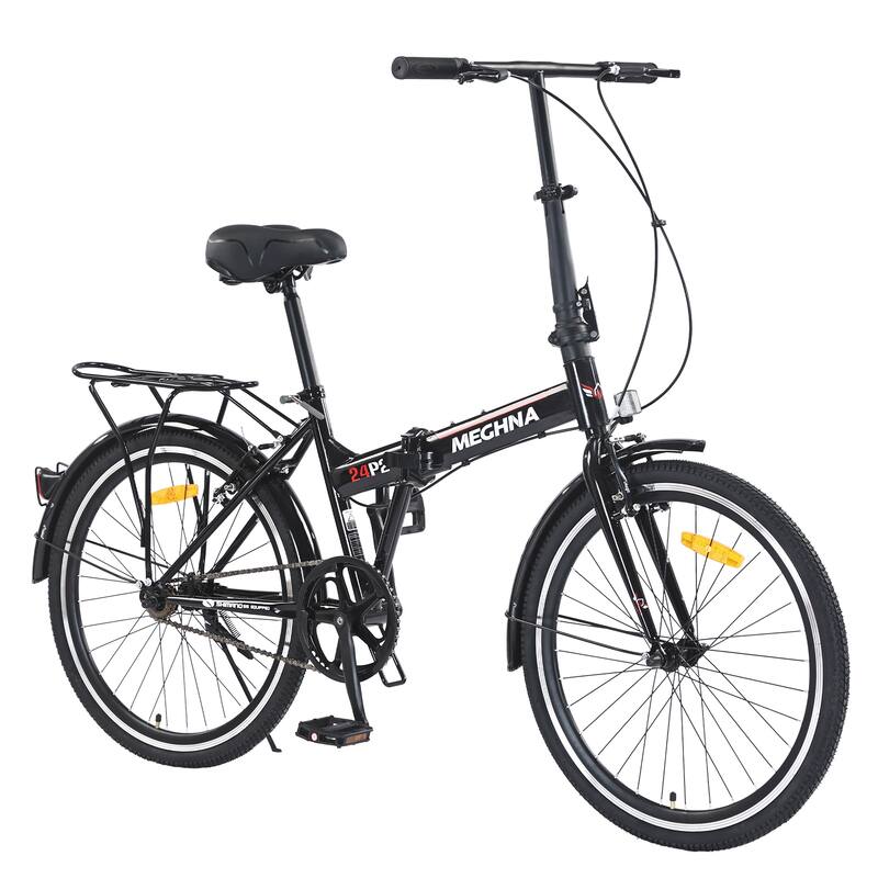 24 Inch Folding Bike with Fenders, Single Speed City Commuter Bicycle with Dual V-Brake, Steel Frame Portable Compact Bicycle