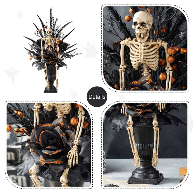 Glitzhome 22"H Halloween Black Rose Skeleton and Berry Urn Potted Table Tree