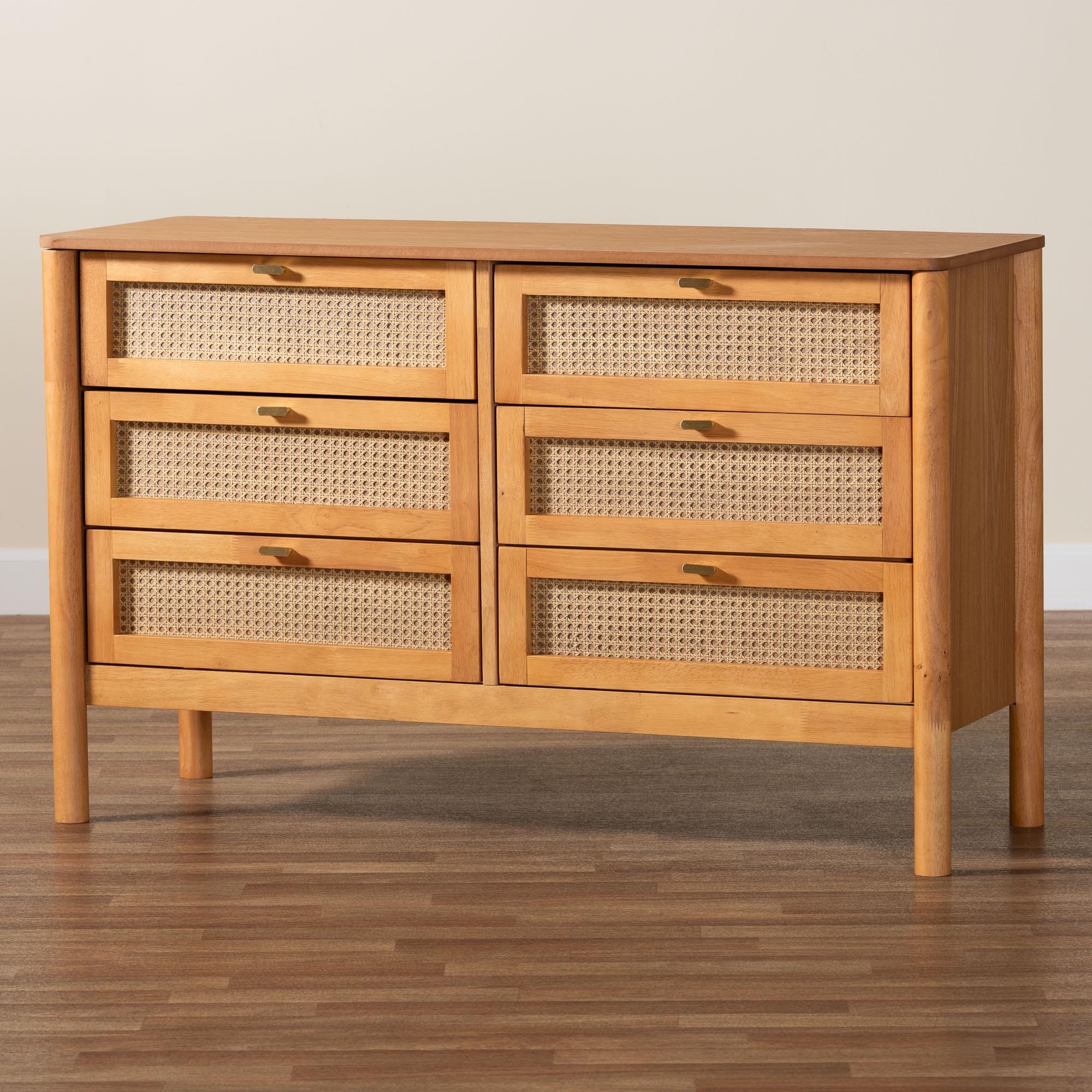 Jenn Golden Brown Wood Japandi 6-Drawer Dresser with Distressed