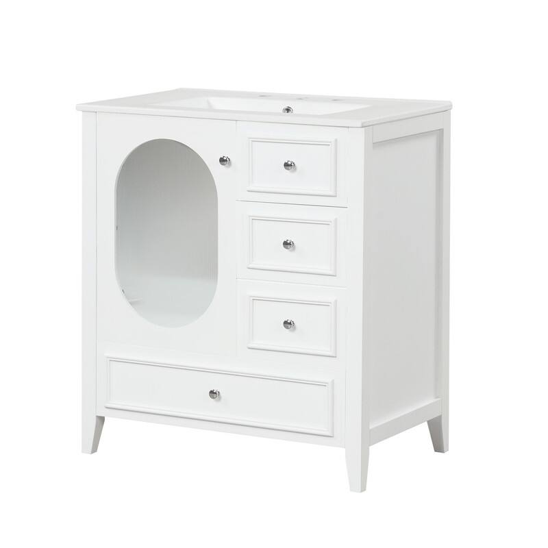 30" Stylish Bathroom Vanity with Sink, Bathroom Storage Cabinet with 3 Drawers, Solid Wood Frame and Glass Door