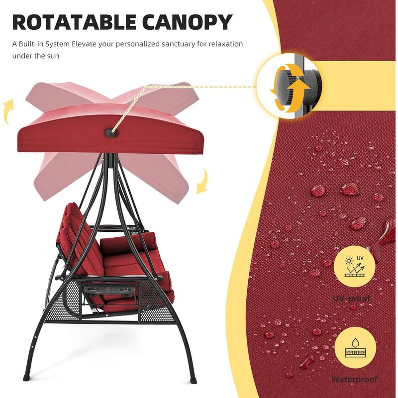 Outdoor 3-Seat Porch Swing with Adjustable Canopy & Cup Holder,Porch Swing Glider Chair, Heavy-Duty Steel Frame