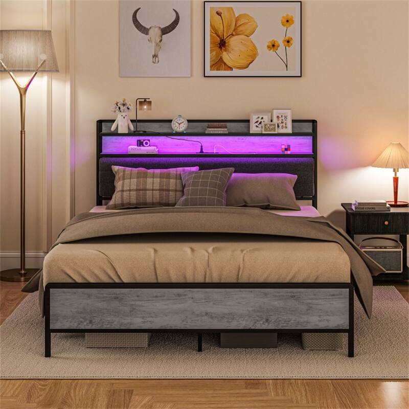 Platform Bed with Powder-Coated Metal Frame and RGB LED Remote Lights USB Charging