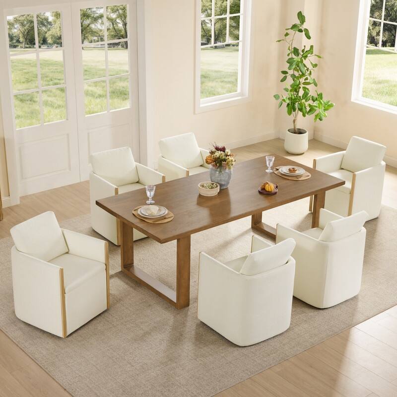 Spruce & Spring Modern Chenille Dining Chair with Casters, Wood Inlay & Hidden Storage