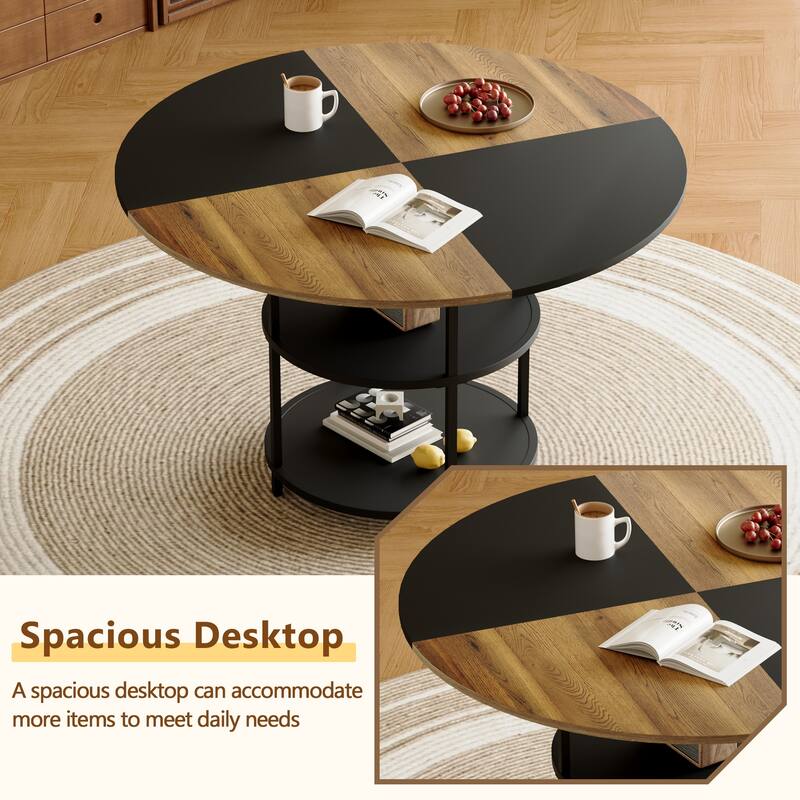 Roomfitters 47 Inch Round Dining Table with Double-Layer Storage and Diagonal Wood Black Top for Modern Spaces, Black+Wood