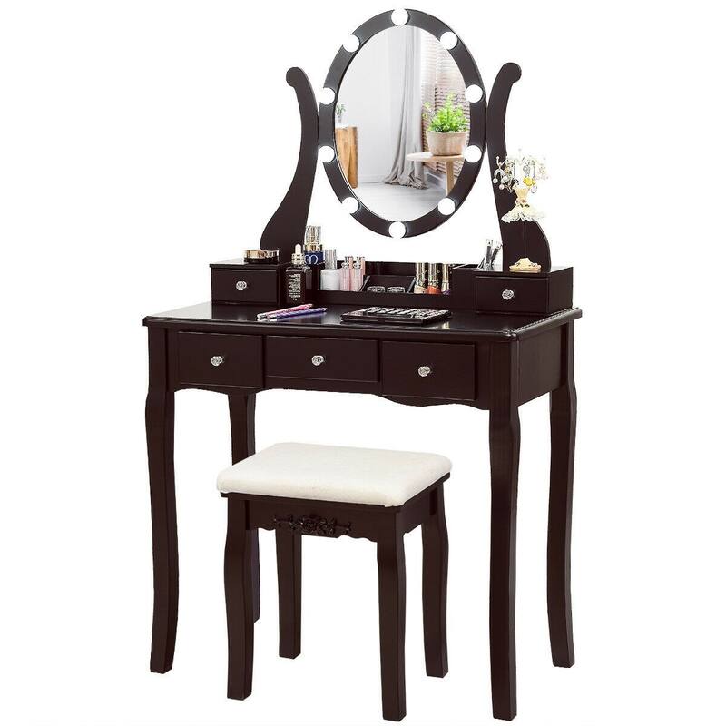 10 Dimmable Lights Vanity Table Set with Lighted Mirror and Cushioned Stool-Coffee - 31.5" x 16" x 54" (L x W x H)