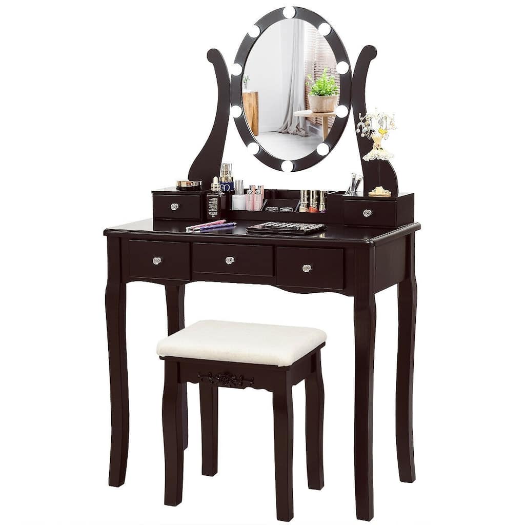 10 Dimmable Lights Vanity Table Set with Lighted Mirror and Cushioned Stool-Coffee - 31.5" x 16" x 54" (L x W x H)