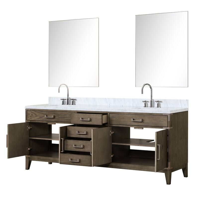 Lexora Laurel Bath Vanity, Carrara Marble Top, Faucet Set, and Mirror