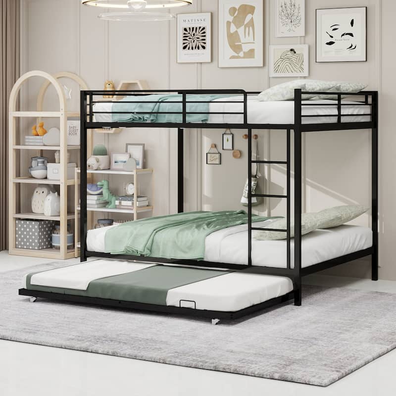 Metal Bunk Bed with Trundle and Safety Rails Modern Minimalist Design for Kids Guest or Shared Rooms - Black - Full