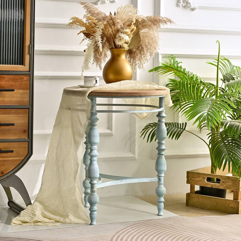 Easy Assembly 20.08" Accent Rustic Wooden Carved Coffee Table, Round Wooden Top Metal Leg Round End Table For Living Room