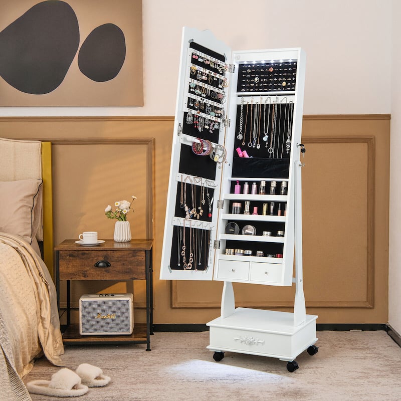 Gymax Rolling Jewelry Cabinet Armoire Full Length LED Mirror Lockable