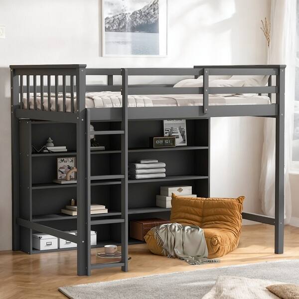 slide 2 of 24, Twin Size Loft Bed with 8-Open Storage Shelves and Built-in Ladder, Grey Grey