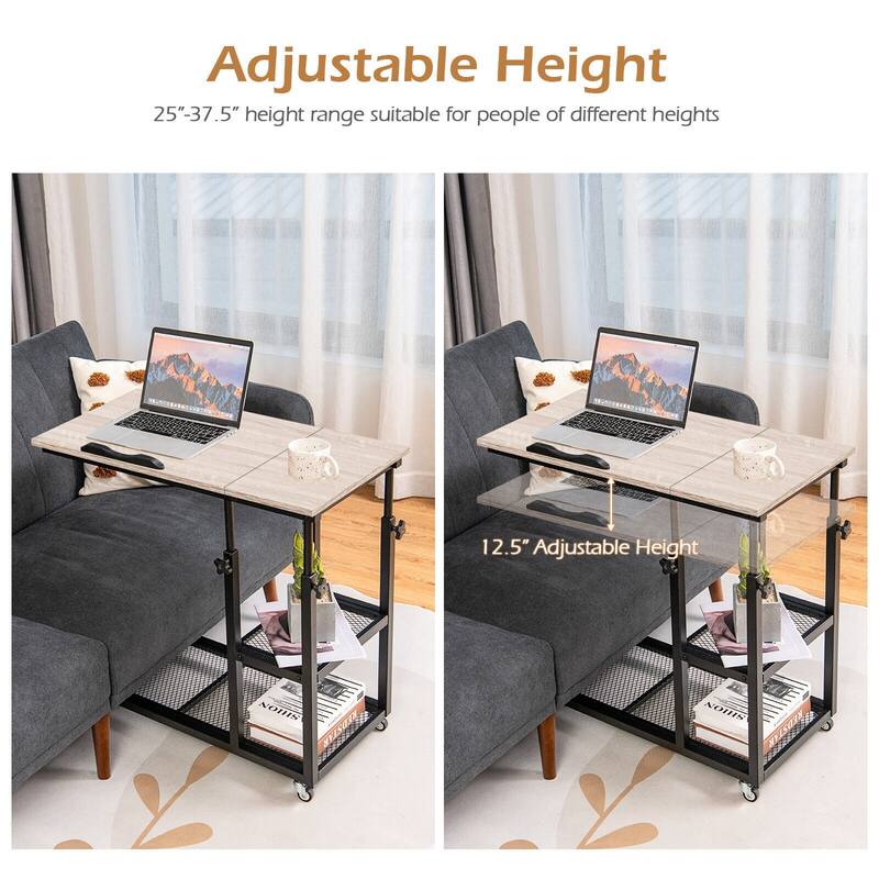 Height Adjustable C-Shaped End Table with Lockable Wheels and Tiltable Table Top - 31.5" x 16" x 25"-37.5"