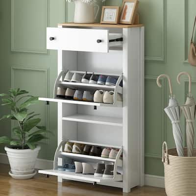 Shoe Cabinet Storage for Entryway, Hidden Shoes Storage Cabinet with 2 Flip Drawers, Large Wood Top Shoe Cabinet for Foyer