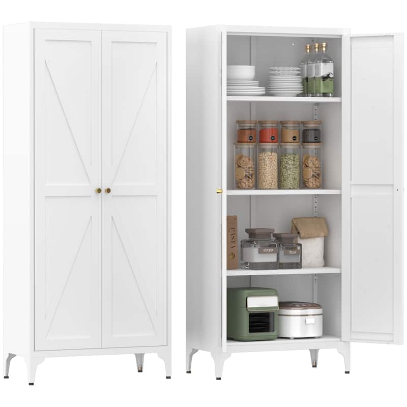 2 Doors Metal Storage Cabinet Kitchen Pantry Cabinet With Adjustable Shelves Tall Steel Cabinet Locker - White