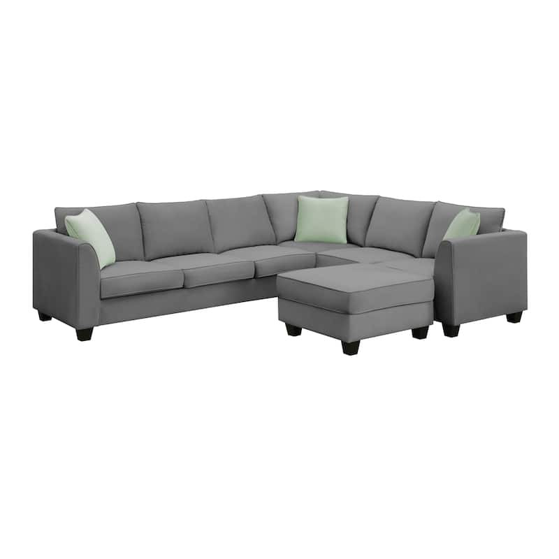 112'' Spacious L-Shaped 7 Seat Modular Sectional Sofa with Ottoman, 3 Pillows, Sturdy Wood and Iron Frame