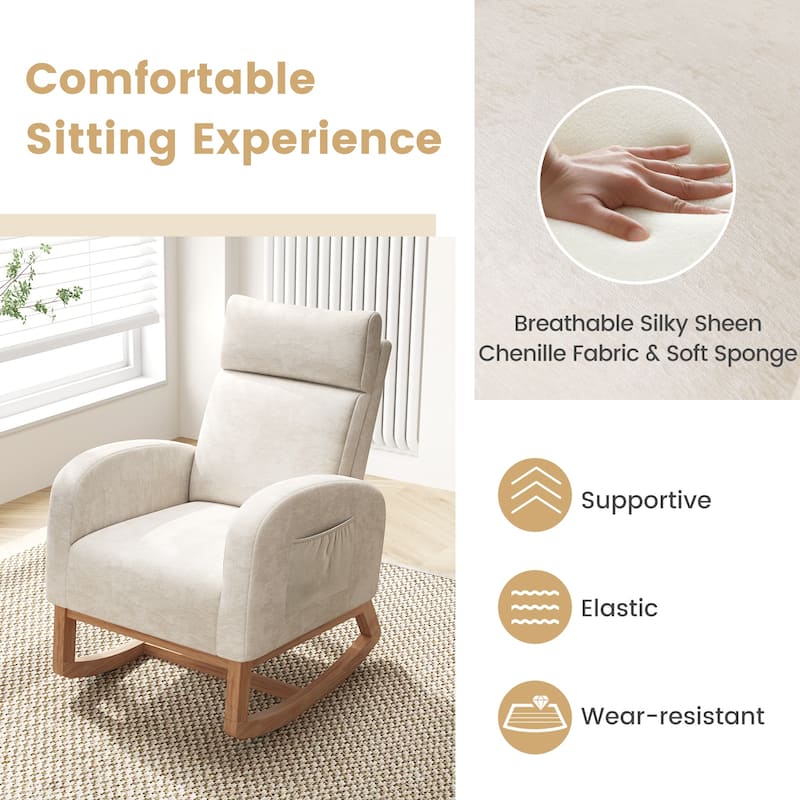Beige Rubber Wood Rocking Chair with Chenille Fabric, Side Pocket and Ergonomic Design - 36” x 27.5” x 43” (L x W x H)