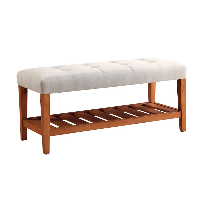 Fabric Upholstered Storage Bench with Slatted Shelf and Tapered Legs