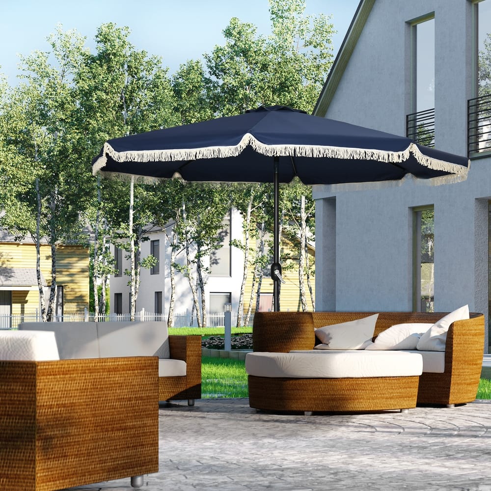 Outsunny 9ft Patio Umbrella with Push Button Tilt and Crank, Ruffled Outdoor Market Table Umbrella with Tassles and 8 Ribs