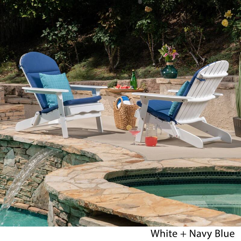 Malibu Outdoor Acacia Wood Folding Adirondack Chairs with Cushions (Set of 2) by Christopher Knight Home - White+Navy Blue Cushion