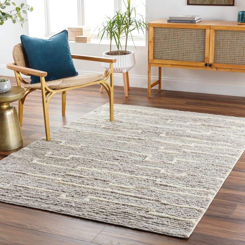 Merryn Handmade Abstract Striped Wool Area Rug. - 9' x 12' - Grey/Brown